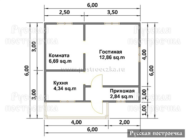 Одноэтажный дом из бруса 6 на 6 с крыльцом, Проект 8 | Русская Построечка - вид 2