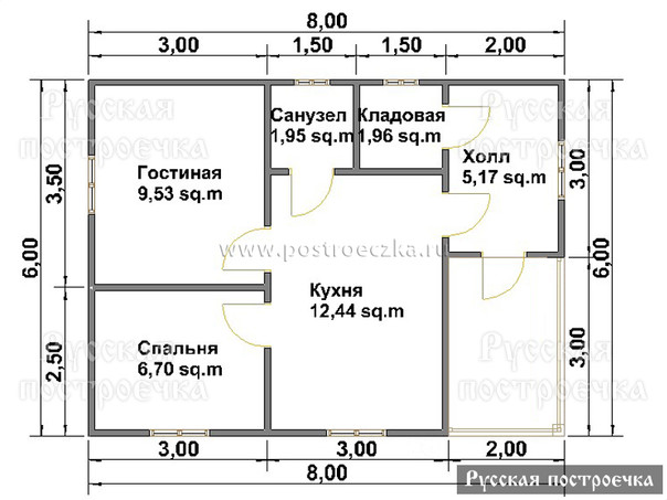 Одноэтажный дом из бруса 8 на 6 с террасой, Проект 40 - вид 2