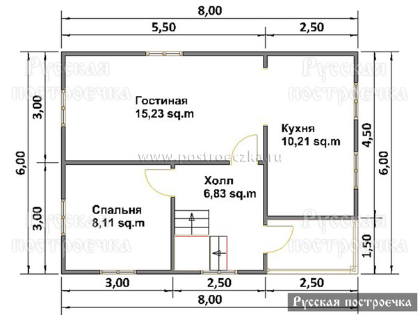 Дом из бруса 8 на 6 с мансардой и террасой, Проект 45 - вид 2